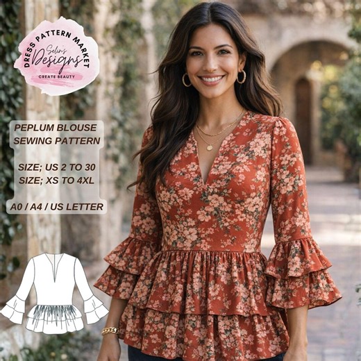 Peplum Blouse Sewing Pattern, V-neck Ruffle Top, Bell Sleeve, Sizes 2-30 (digital Download) - Etsy