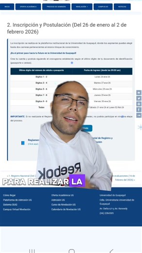 📢 Cronograma oficial para la inscripción y postulación en la Universidad de Guayaquil (UG) 🪪 Según el último dígito de tu cédula o pasaporte ⏰ Ingreso desde las 09:00 am 🔹 Dígitos 1 – 2: Lunes 26-ene-2026 🔹 Dígitos 3 – 4: Martes 27-ene-2026 🔹 Dígitos 5 – 6: Miércoles 28-ene-2026 🔹 Dígitos 7 – 8: Jueves 29-ene-2026 🔹 Dígitos 9 – 0: Viernes 30-ene-2026 📌 Todos los dígitos: 🗓️ Desde sábado 31-ene-2026 hasta lunes 02-feb-2026 🌐 Realiza el proceso aquí: 👉 https://registroadmision.ug.edu.ec