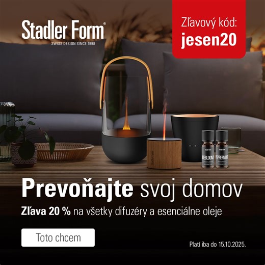 5 comments |  Vyčarujte dokonalú atmosféru s aróma difuzérmi Stadler Form. Ideálne spojenie elegantného dizajnu a pokročilej technológie, ktoré premení váš domov na oázu pokoja.   Získajte 20 % zľavu na všetky difuzéry a esenciálne oleje – stačí použiť kód jesen20.  Akcia platí len do 15.10.2025  Nakúpte teraz a zútulnite svoj domov. | Stadler Form Slovakia | Facebook