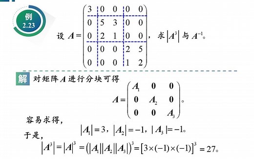 线性代数课程视频：第二章第四节 2----分块对角矩阵的定义、性质及相关运算规则。讲解详细、条理清晰、动画精准、通俗易懂。