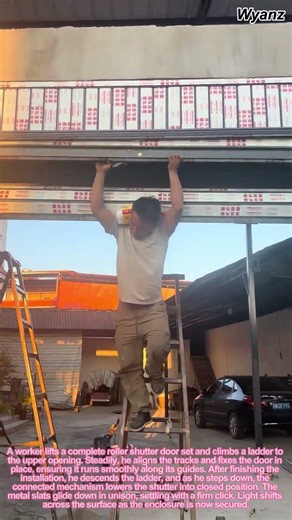 construction work in action roller shutter door installation ladder process