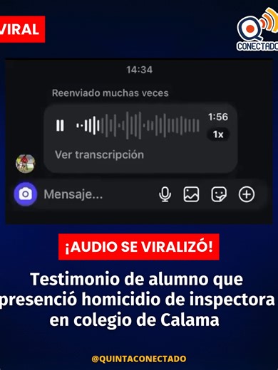 Durante la jornada de este viernes, se viralizó a través de redes sociales el testimonio de un alumno quien fue testigo directo del homicidio en contra de una inspectora del Instituto Obispo Silva Lezaeta de #Calama El atacante de 18 años además atacó con un arma blanca a otras cuatro personas tres alumnos (segundo medio) y una segunda inspectora que se encuentra en estado grave. COMENTA CON NOSOTROS👇🏼