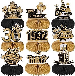 Honeycomb Centerpieces 30th Birthday for Women Men, Black Gold Vintage 1992 Aged to Perfection Table Centerpiece Toppers Party Supplies, Thirty Years Birthday Party Table Decorations, 9 PCS