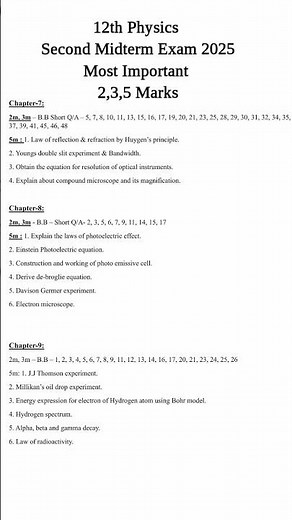 12th Physics / Second Midterm Exam / Chapter Wise / Most Important 2,3,5 Marks