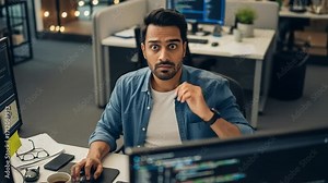 Confused Male Programmer Shocked by a Critical Error on His Computer Screen. Stressed IT Professional Working on a Difficult Problem in the Office. Stock Video