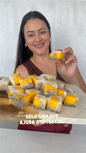 Lanna Schneider 💖 on Instagram: "Ajuda muito o intestino! Gelatina de coco, chia e manga! Ingredientes: 2 pacotinhos de gelatina incolor e sem sabor ( 24g ) 100ml de água pra hidratar a gelatina 2 colheres de sopa de chia 100ml de água para hidratar a chia 200 ml de leite de coco 2 col de sopa de xilitol 1 manga pequena #gelatina #chia #intestino #docefit #receitas"