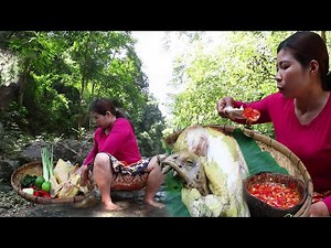 Survival cooking in forest- Chicken soup eat with chili sauce delicious