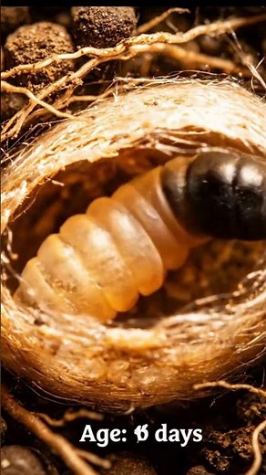 Cinematic time showing the full life cycle of an ant from egg to larva, pupa, adult, and old age