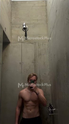 Selfie in a Modern Concrete Shower with Skylight