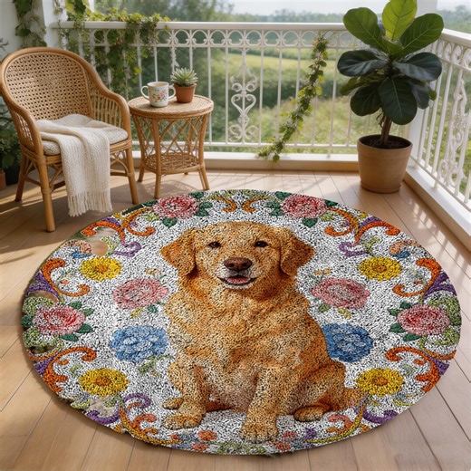 Golden Retriever Dog Latch Hook Rug Kit: Colorful Floral DIY Home Decor