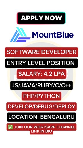 Walk-ins Everyday | Alli Charan on Instagram: "WALK-INS EVERYDAY !!! 🔗 LINK available in WhatsApp Channel 🔗 Channel join link in BIO 📢 FOLLOW us @walkins_everyday for daily job opportunities MOUNTBLUE Off Campus Drive 2026 Hiring For Software Development Engineer Role | BENGALURU Work in a team to develop, compile, test, debug & deploy software Develop web and mobile applications using Javascript, Python, Java, HTML and CSS Familiarity with at least one programming language. Example: Javascri