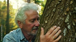 Senior man touching on old tree gently. Nature protection concept. World environment day. Enjoy nature,eco life. Elderly man in forest hugging tree in the woods earth concept Stock Video