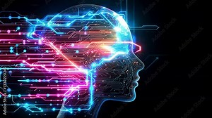 A human head silhouette contains bright neon circuits with connecting lines, representing the concept of artificial intelligence and data processing Stock Video