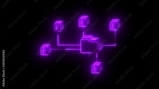 Glowing neon document management system icon connecting multiple files and folders. diagram illustrating a central folder connected icon to multiple stacks of documents . HD video animation