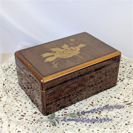 Vintage Wood Inlay Jewelry Box With Removable Storage Tray and Mirrored Lid, London Leather Jewelry Organizer With Rose Design - Etsy