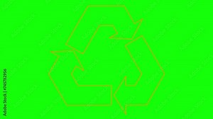 Animated linear orange ecology icon is drawn. Line symbol of recycle. Concept of green technology, recycling, reuse, environmental friendliness. Looped video. Vector illustration isolated on green ba