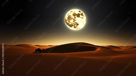 Desert time-lapse, super moon rising over expansive sand dunes, sky transitioning from twilight to deep night, stars twinkling, subtle fog/mirage effects, glowing moonlight reflecting off dune curves