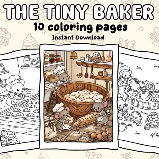 The Tiny Baker Mice Coloring Pages, 10 Printable Cute Baking Mice Sheets, Cottagecore Storybook Aesthetic, Bold & Easy, Instant Download PDF - Etsy