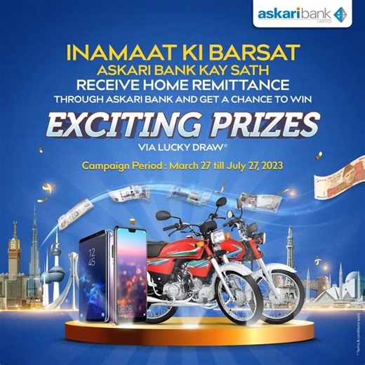 Inamaat Ki Barsat, Askari Bank Kay Sath! Receive Home Remittance through Askari Bank and Get a Chance to Win Exciting Prizes via Lucky Draw. For details visit: https://askaribank.com/services/home-remittance/inamaat-ki-barasaat-askari-bank-ke-saath-home-remittance-campaign/ #AskariBank #HomeRemittance #LuckyDraw #Motobike #MobilePhone #InamaatKiBarsat | Askari Bank Limited