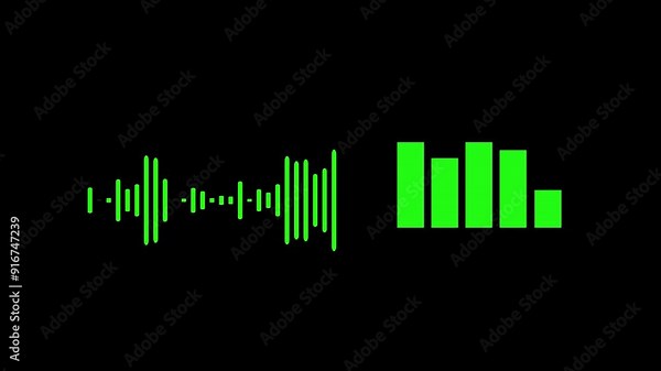 Sound wave animation isolated on black background. Audio waveform with frequency animated lines. Abstract sound wave background. Digital interface element. Seamless loop