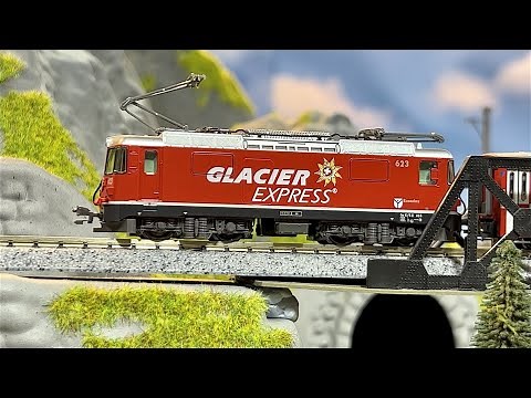 Swiss Alps Glacier Express Rhatische Bahn - Noch Bergün Model Train Layout - Kato N Scale Ge 4/4-II