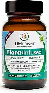 Life Infused Flora Infused Probiotics with Prebiotics – 60 Billion CFU, 13 Strains + Enzyme Blend for Digestive & Gut Health Support, Bloating & Regularity Support Shelf Stable Probiotic – 60 Capsules