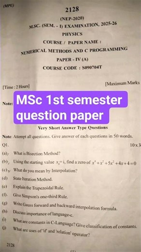 MSc 1st Sem Physics | Numerical Method & C Programming Paper | Exam Useful #shorts