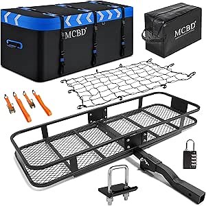 Hitch Mount Cargo Carrier Foldable Trailer Basket 59.5"x21"x5.5" with Waterproof Cargo Bag 58.5"x24.5"x24", Hitch Tightener, Net, Ratchet Straps and Lock