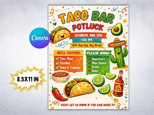 Editable Taco Bar Printable, Teacher Appreciation Taco Bar Sign Up, Cinco De Mayo Potluck Fiesta Flyer, PTO PTA Taco Fundraiser Flyer - Etsy