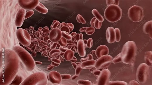 A detailed microscopic 3D animation showcasing red blood cells a white blood cell and a large potentially cancerous or abnormal cell flowing through a human blood vessel illustrating complex cellular.