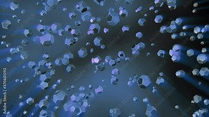 Silver nanoparticles with volumetric light rays against moving clouds , smoke background . 3d animation rendering.