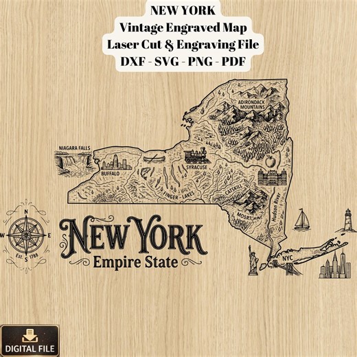 New York State Map SVG | Vintage Engraved Map Design | Laser Engraving File | CNC Dxf Png Pdf | NYC Wall Art | Empire State Digital Download - Etsy