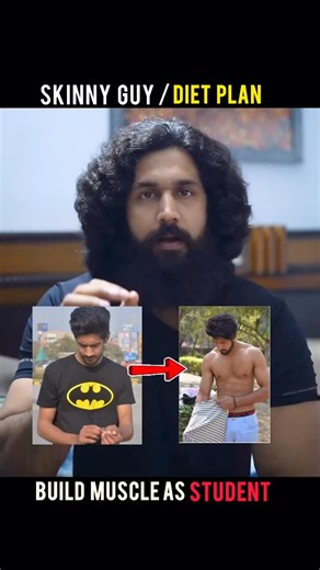 Robin Naagar | Transformation Coach on Instagram: "Skinny guy diet plan 🔥 comment “diet” for diet Breakfast ( home made mass gainer shake ) {Oats 30gm , milk 240ml , banana 200gm , peanut butter 20gm , honey 1spoon } Lunch ( bulking lunch ) {Rice 300gm Dal/chole/rajma any one 200gm or paneer sabzi 100gm } Mid lecture snacks Option 1 (2 banana handful nuts ) Option 2 ( 200gm potato 100gm dahi ) Post workout Option 1 (6 whole egg omelette with 2 bread ) Option 2 ( Soyachunk pulao , 50gm soya 250g