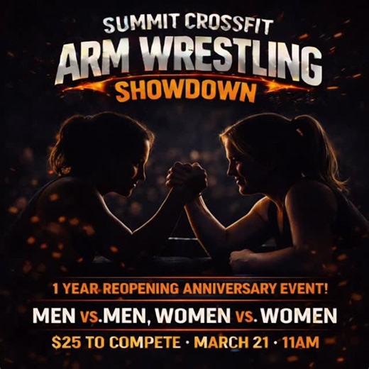 SuMMit CrossFit - Asheville on Instagram: "Almost one year after Hurricane Helene tried to knock us down, Summit is still standing! And we’re celebrating the comeback in the most ridiculous, fun way possible: an Arm Wrestling Showdown 💪 This isn’t your typical comp… it’s gym vs gym, program vs program, for 12 months of bragging rights and our championship belt. Which training style actually builds the strongest arms? We’re about to find out. We’ll have weight classes to keep it fair, but the tr