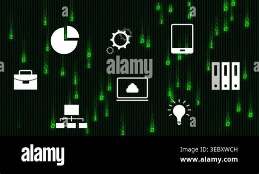 Technology icons including pie chart and light bulb over binary code animation. Innovation, data, analysis, coding, digital, infographic Stock Video Footage - Alamy