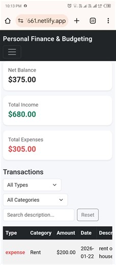 🚀 personal finance and budgting Web App – Semester Project I’ve built a fully functional personal finance and budgting Web Application using: ✔ HTML ✔ CSS ✔ JavaScript ✔ Bootstrap ✔ MockAPI ✔ Chart.js 🔹 Features: • Add / Edit / Delete transactions • Filter transactions by type (income or expense), category • A search bar to search with description • Dashboard showing net balance ,income and expenses • Responsive UI • Real-time data using Mock API This project helped me understand: • CRUD opera