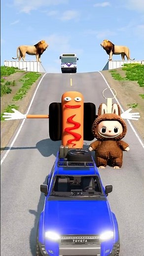 American Bus vs Hot Dog & Labubu Character #beamngdrive #shorts #cars