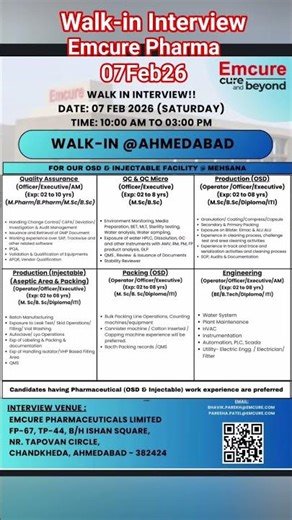 Walk-in Interview I Emcure Pharma | 070226 #job #pharma
