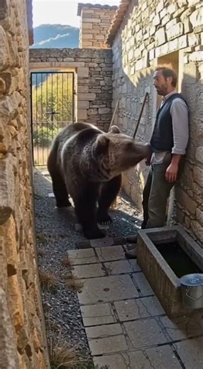 Marsican Brown Bear Rears Over Groundskeeper at Abbey Courtyard #brownbear