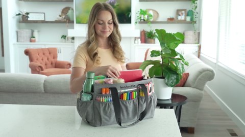 Large Craft Organizer Tote Bag - Art Bag 16 x 7.9 x 9.5 with Elastic Side Pockets to Keep Markers Tidy - Durable Craft Bag Organizer Tote - Caddy Organizer with Handle and Removable Divider (Purple)