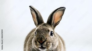 Cute brown bunny with perked ears and twitching whiskers looks curiously at you against a white background, perfect for easter or spring projects