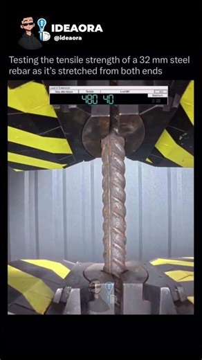 Testing the tensile strength of a 32 mm steel rebar as it's stretched from both ends.