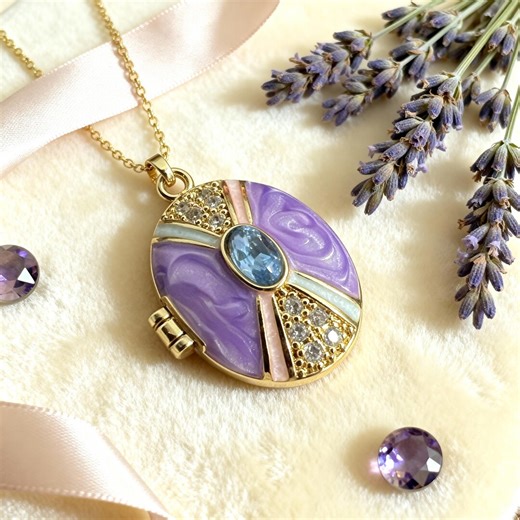 Purple Enamel Oval Photo Locket Necklace, Gold Oval Locket Pendant With Blue Stone, Personalized Keepsake Gift - Etsy