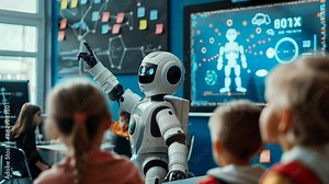 Robot teaching children in a futuristic classroom with digital screens