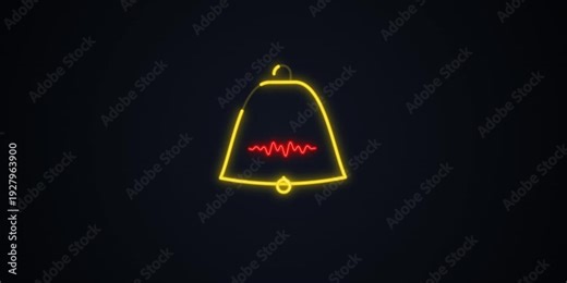 A neon bell outline with a sound wave inside it, walking light in a dark environment, viewed from the front.