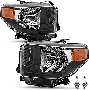 JSBOYAT Headlight Assembly Pair Fit for 2014 2015 2016 2017 Toyota Tundra Halogen Replacement Headlamps Black Housing Amber Reflector with Blubs | NOT for Factory LED DRL | WITHOUT Level Adjuster