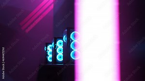 Modern High-Performance PC Towers with Cyberpunk Neon Lighting in Computer Club