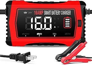 Haisito 16-Amp Smart Battery Charger (6V/12V/24V), Fully Automatic Trickle Charger Maintainer & Desulfator for Car Boat RV - Supports Lithium LiFePO4, AGM, Gel, Deep Cycle Lead-Acid Batteries