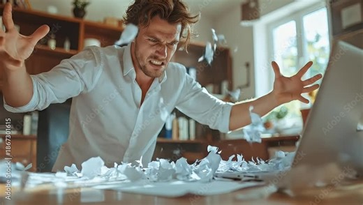 Angry businessman tearing documents at office, frustrated and stressed out, work problems