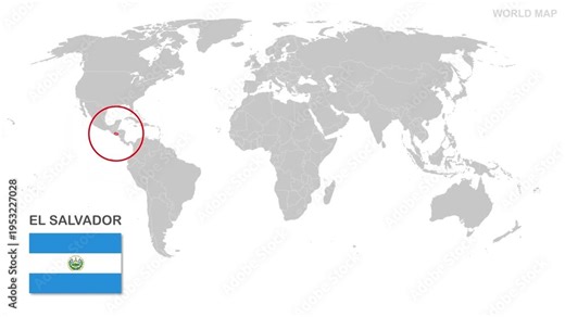 El Salvador Map Video, highlighted in the world map with national flag and borders, perfect for presentations, travel, education, geography, and global studies.